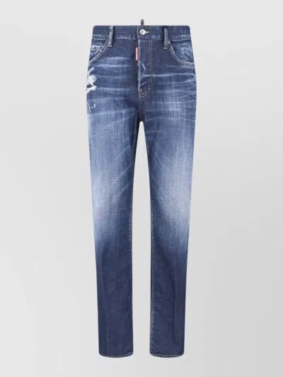 Dsquared2 Straight Trousers Belt Loops Contrast Stitching Distressed In Blue