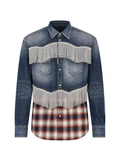 Dsquared2 Strass-embellished Panelled Shirt In Blue