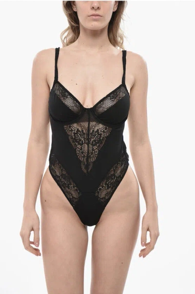Dsquared2 Stretch Cotton Bodysuit Sexy Punk With Lace Inserts And Open In Black