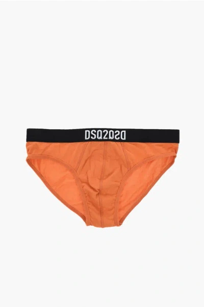 Dsquared2 Stretch Cotton Brief With Logoed Elastic Band In Orange