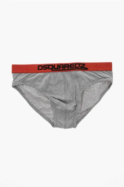 Dsquared2 Stretch Cotton Briefs With Logoed Waistband In Gray