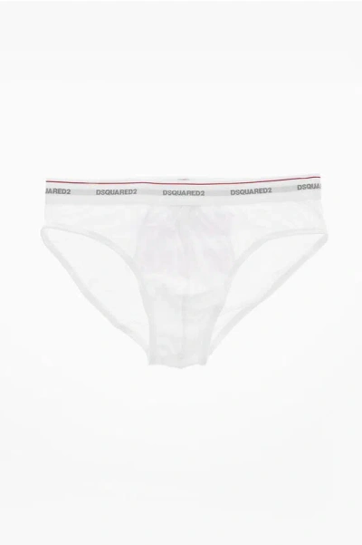 Dsquared2 Stretch Cotton Briefs With Logoed Waistband In White