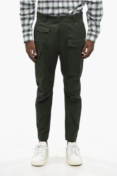 Dsquared2 Stretch Cotton Cargo Pants With Silver-tone Logo In Black