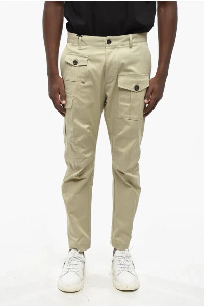Dsquared2 Stretch Cotton Cargo Pants With Silver-tone Logo In Neutral