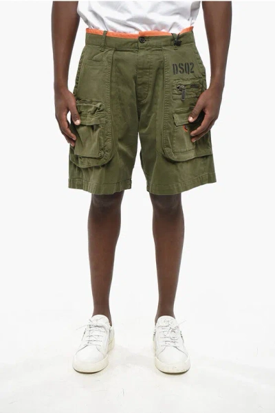 Dsquared2 Stretch Cotton Cargo Shorts With Contrasting Edge In Green
