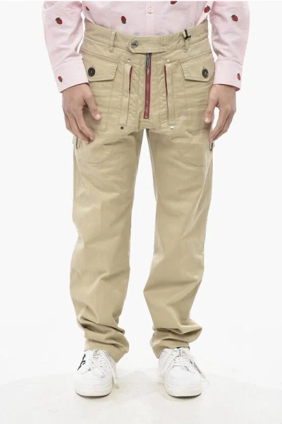 Dsquared2 Stretch Cotton Cargo Trousers With Belt Loops In Neutral