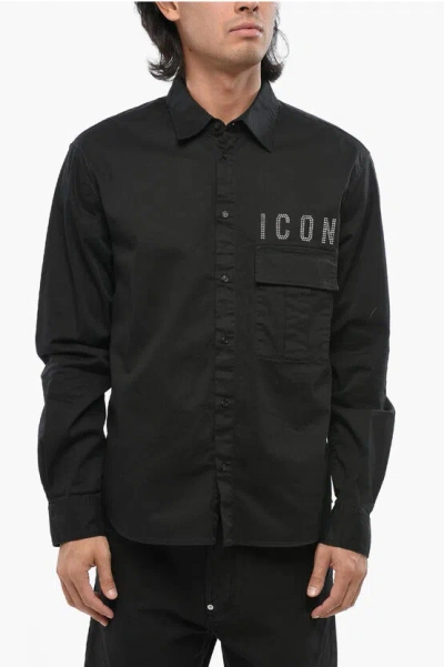 Dsquared2 Stretch Cotton Icon Shirt With Studded Detail In Black