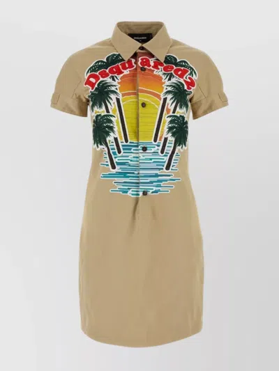 DSQUARED2 STRETCH COTTON SHIRT DRESS WITH SUNSET PRINT