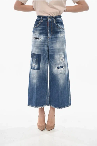 Dsquared2 Stretch Denim Jeans Page Wide Leg 32cm In Blue