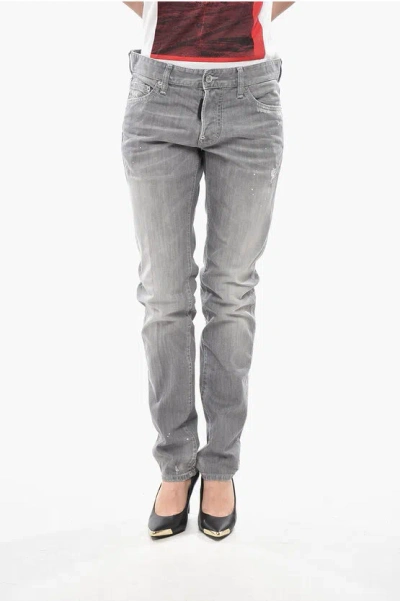 Dsquared2 Stretch Denim Jeans Slim With Embossed Logo 15cm In Gray