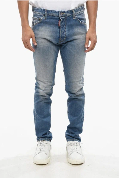 Dsquared2 Stretch Denim Jeans With Leather Logo Patch 16cm In Blue