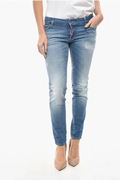 Dsquared2 Stretch Denim Jennifer Jeans With Silver-tone Monogram 14cm In Blue