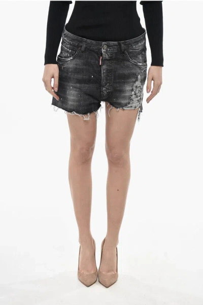 Dsquared2 Stretch Denim Shorts With Frayed Hem In Black