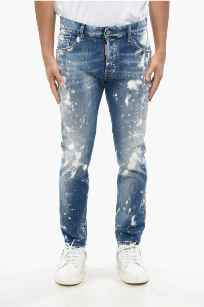 Dsquared2 Stretch Denim Skater Jeans With Paint Effect Details 16cm In Blue
