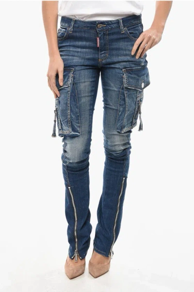 Dsquared2 Stretch Denim Trumpet Cargo Jeans With Ankle Zip 19cm In Blue