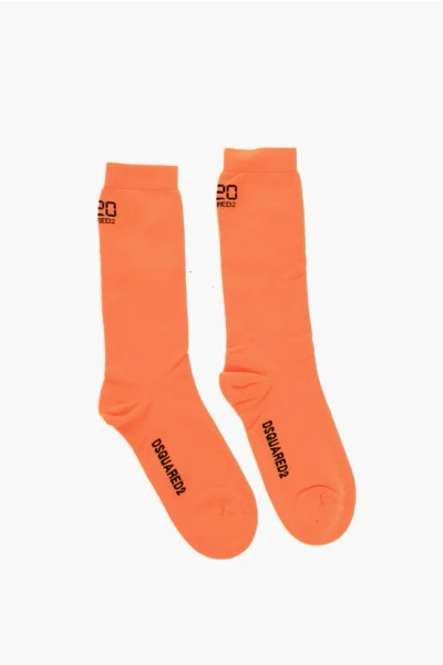 Dsquared2 Stretch-fabric Mid-crew Socks With Contrast Details In Orange