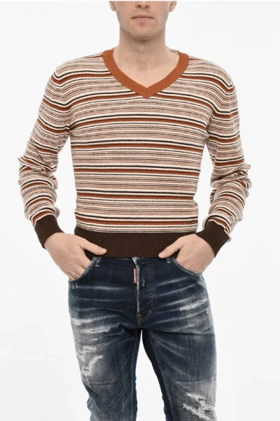 Dsquared2 Striped Cotton Blend V-neck Sweater