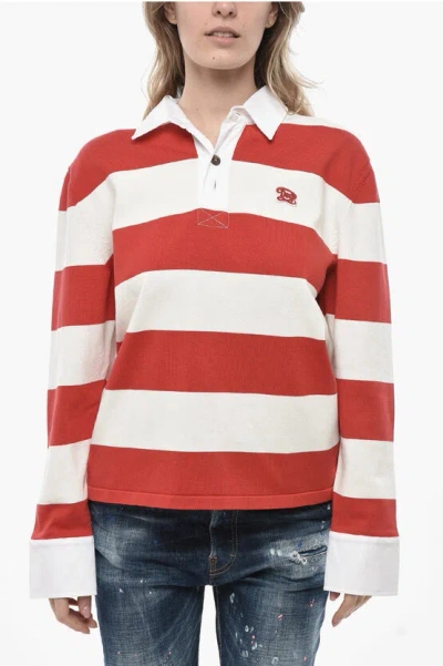Dsquared2 Striped Cotton Top With Polo Collar In Animal Print
