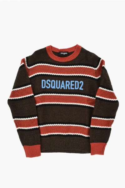Dsquared2 Striped Crewneck Sweater With Printed Logo In Black