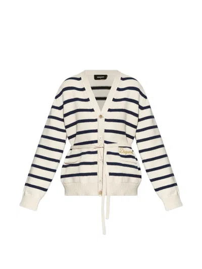 Dsquared2 Striped Embroidered Cardigan In Neutral