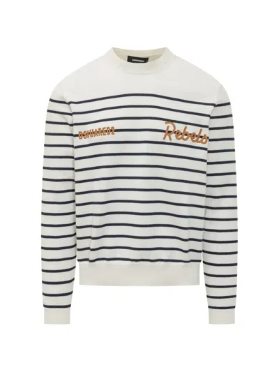 Dsquared2 Classic Striped Knit Sweater With Logo Embroidery In White