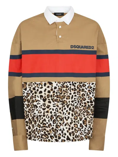 Dsquared2 Striped-detail Animal-print Polo Shirt In Brown
