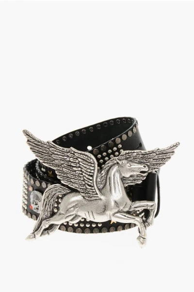 Dsquared2 Studded Leather Horse Belt With Maxi Buckle 45mm In Black