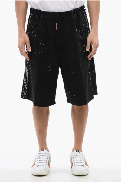 Dsquared2 Icon Studded-stripe Denim Shorts In Black