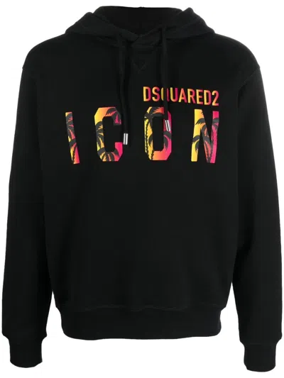 Dsquared2 Icon Logo Print Cotton Hoodie In Black