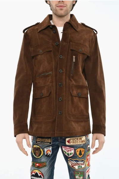 Dsquared2 Suede Leather Utility Jacket With Logoed Buttons Grösse 48 In Brown