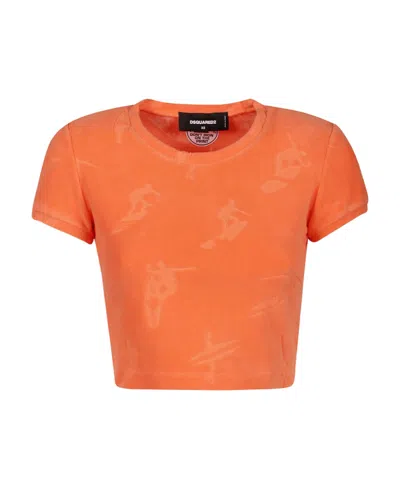 Dsquared2 Surfer Jacquard Crewneck Cropped Top In Orange