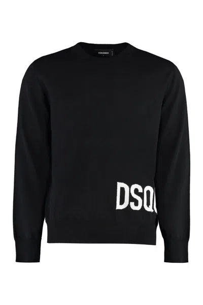 Dsquared2 Classic Fit Black Wool Crew Neck Sweater With Logo Detail