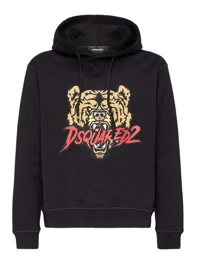 Dsquared2 Black Hoodie With Drawstring Hood And Maxi Logo Print On The Front