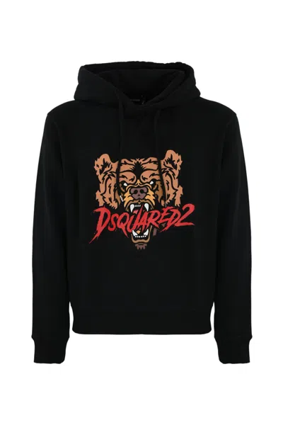 Dsquared2 Black Hoodie With Drawstring Hood And Maxi Logo Print On The Front