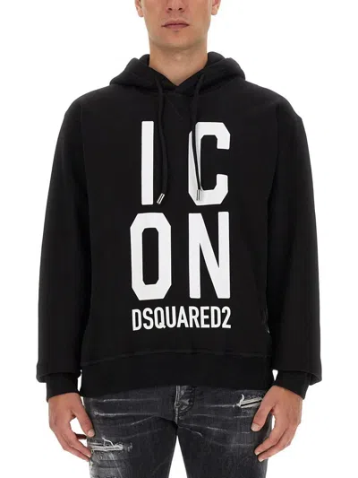 Dsquared2 Logo Drawstring Hooded Sweatshirt With Front Print In Black