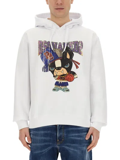 Dsquared2 Ciro Logo Printed Cotton Hoodie In Weiss