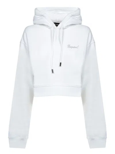 Dsquared2 Rhinestone-logo Cropped Hoodie In White