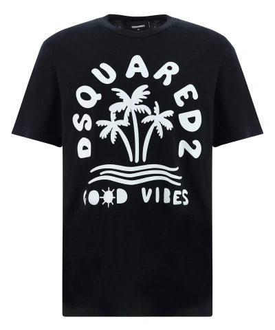 Dsquared2 Printed Japanese Cotton Jersey T-shirt In Black