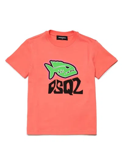 Dsquared2 Kids' T-shirt Con Stampa In Orange