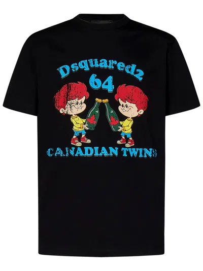 Dsquared2 Canadian Twins Printed Cotton T-shirt In Black