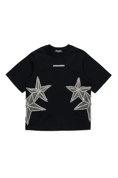 Dsquared2 Kids' T-shirt With Mesh And Crystals Stars In Black