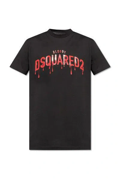 Dsquared2 Black Crewneck T-shirt With Contrasting Print At The Front In Cotton Man