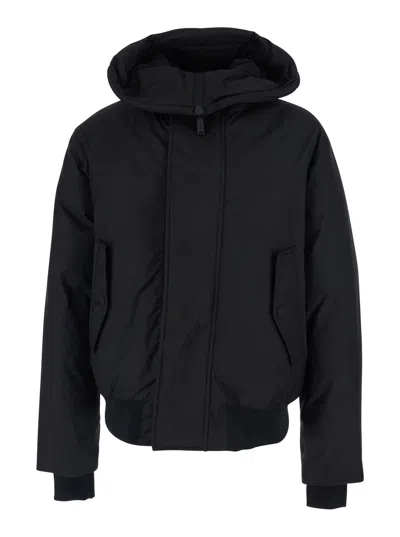 DSQUARED2 BLACK JACKET WITH HOOD AND LOGO LETTERING DETAIL ON THE INSIDE IN TECH FABRIC MAN
