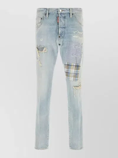 Dsquared2 Teddy Denim Jeans Patchwork Distressed Design In Blue