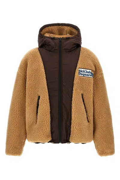 Dsquared2 Teddy Reversible Jacket With Logo Patch In Brown