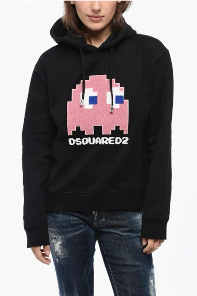Dsquared2 Pac-man Logo Embroidered Cotton Hoodie In Black