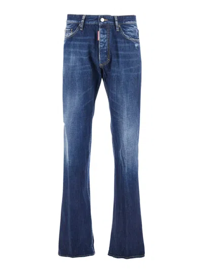 Dsquared2 The American Blue Jeans With Logo Patch On The Rear And Faded Effect In Denim Man