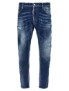 Dsquared2 Tidy Biker Blue Jeans With Paint Embellishments And Logo Patch On The Rear In Denim Man In Blue