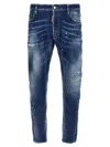 Dsquared2 Tidy Biker Blue Jeans With Paint Embellishments And Logo Patch On The Rear In Denim Man In Blue