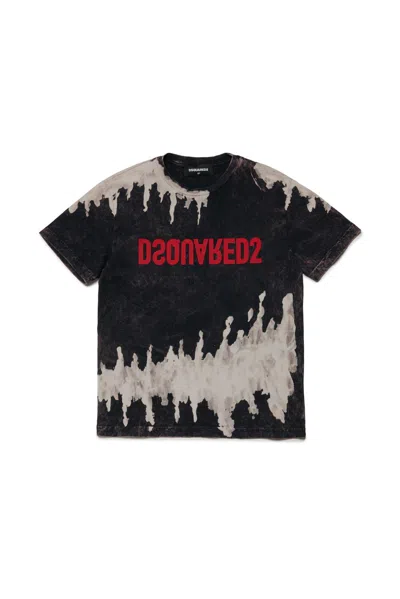 Dsquared2 Kids' Tie-dyed Logo Printed Crewneck T-shirt In Antracite Grey Melange